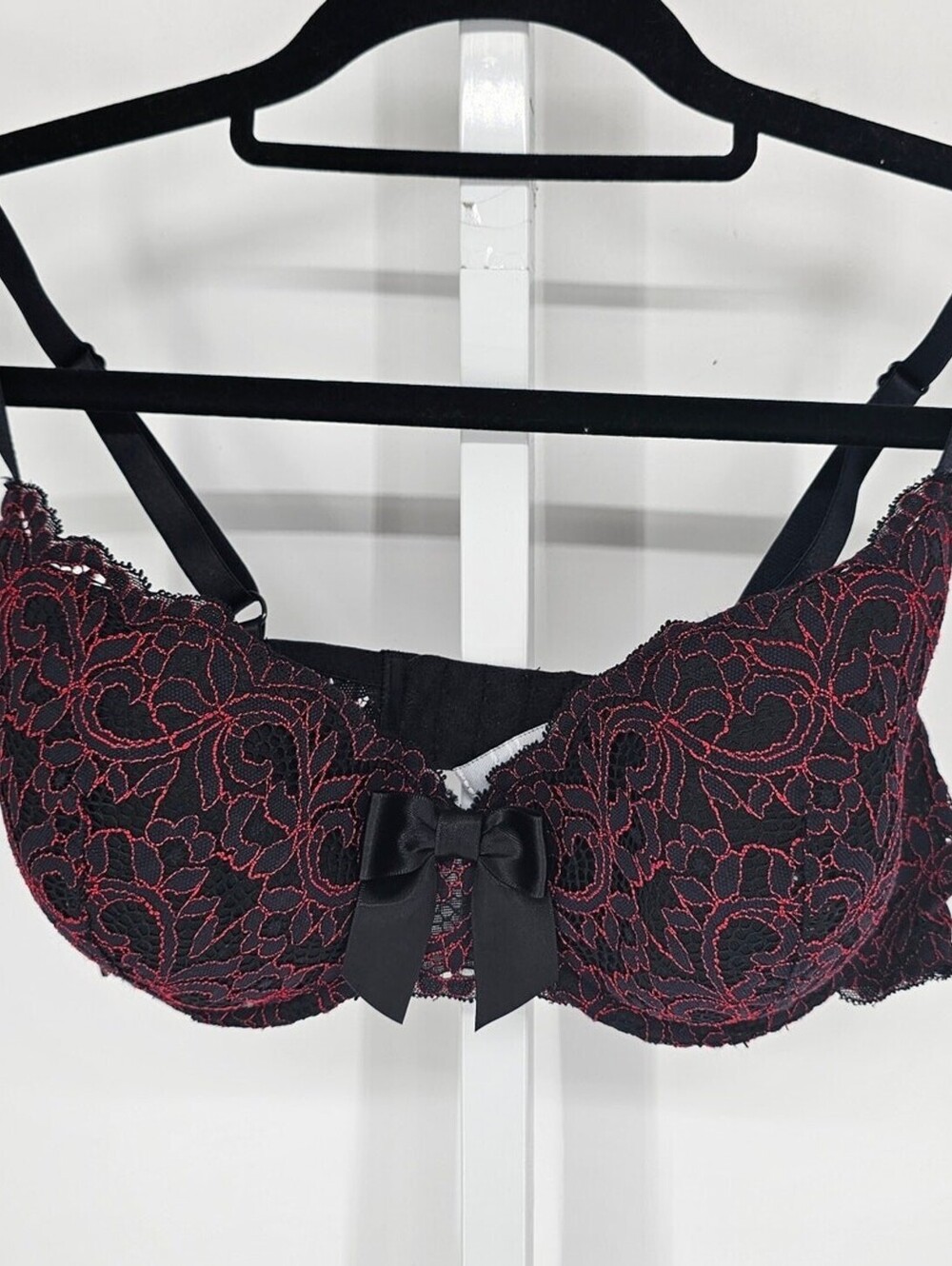 No. 18 by Etam Womens Sz 36D Sexy Bra Dark Purple Black Lace Front Bow